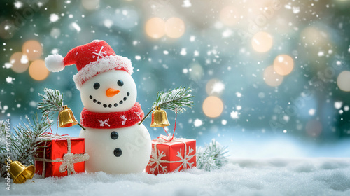 Winter holiday background banner cute snowman Merry christmas and happy new year