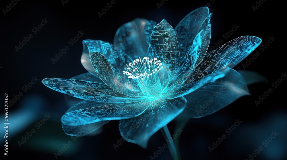 Elegant digital flower with intricate glowing circuits