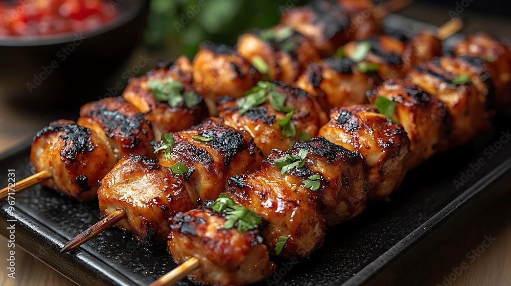 Grilled skewers garnished with herbs on a black plate. Grilled skewers garnished with herbs on a black plate.