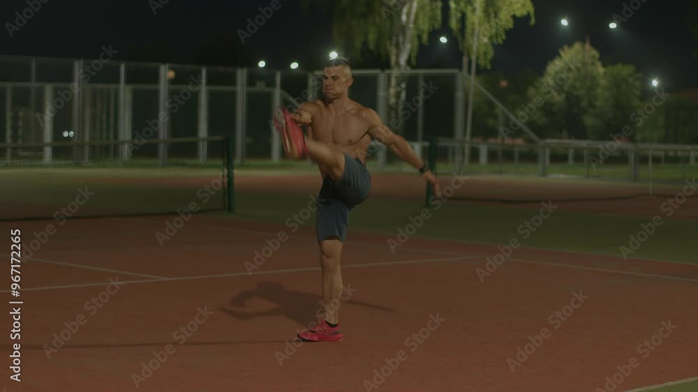 Young muscular man is training on city sports ground and doing bodyweight exercises. Concept of responsible attitude towards your health and formation of harmonious body Young muscular man is training on city sports ground and doing bodyweight exercises. Concept of responsible attitude towards your health and formation of harmonious body
