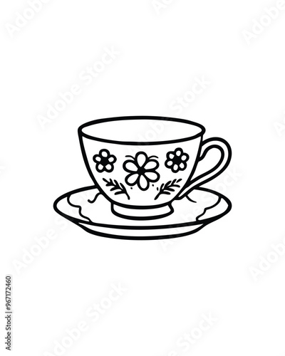 A black and white illustration of a porcelain teacup and saucer with floral details.