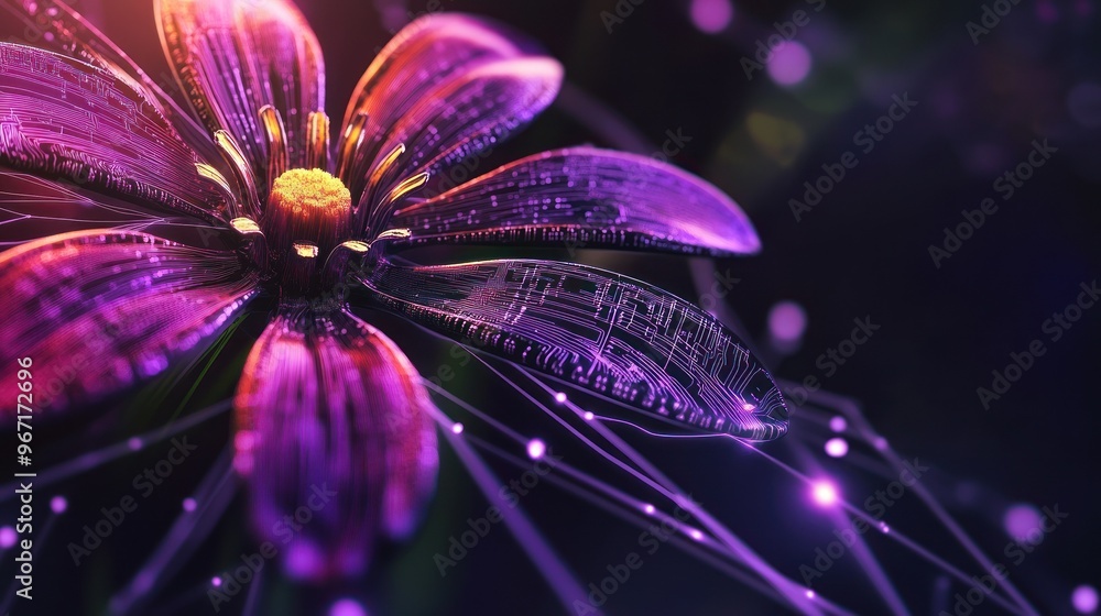 Vibrant digital flower with circuit-like petals