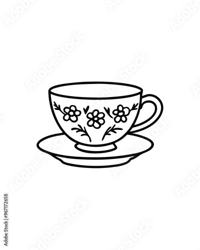 A line drawing of a teacup and saucer with floral detailing.