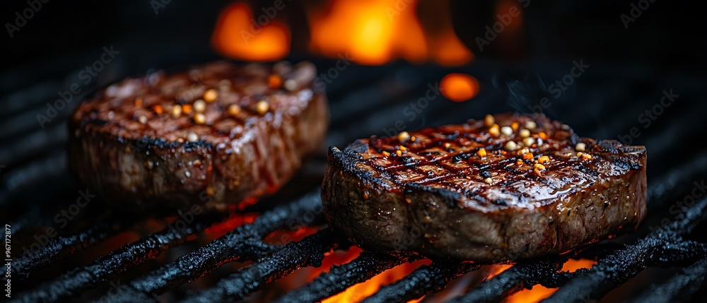 Grilled steaks sizzling over an open flame on a barbecue grill. Grilled steaks sizzling over an open flame on a barbecue grill.