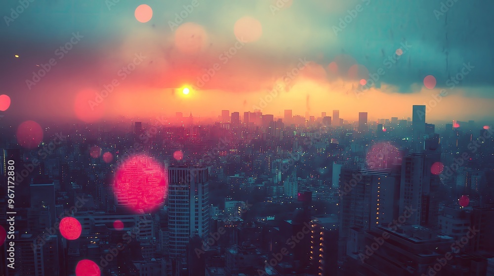 Fototapeta premium A stunning skyline at sunset, featuring urban buildings and a vibrant atmosphere with colorful bokeh effects.