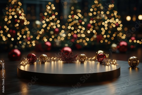 Christmas ornaments and fairy lights on a round podium with bokeh christmas tree lights in the background