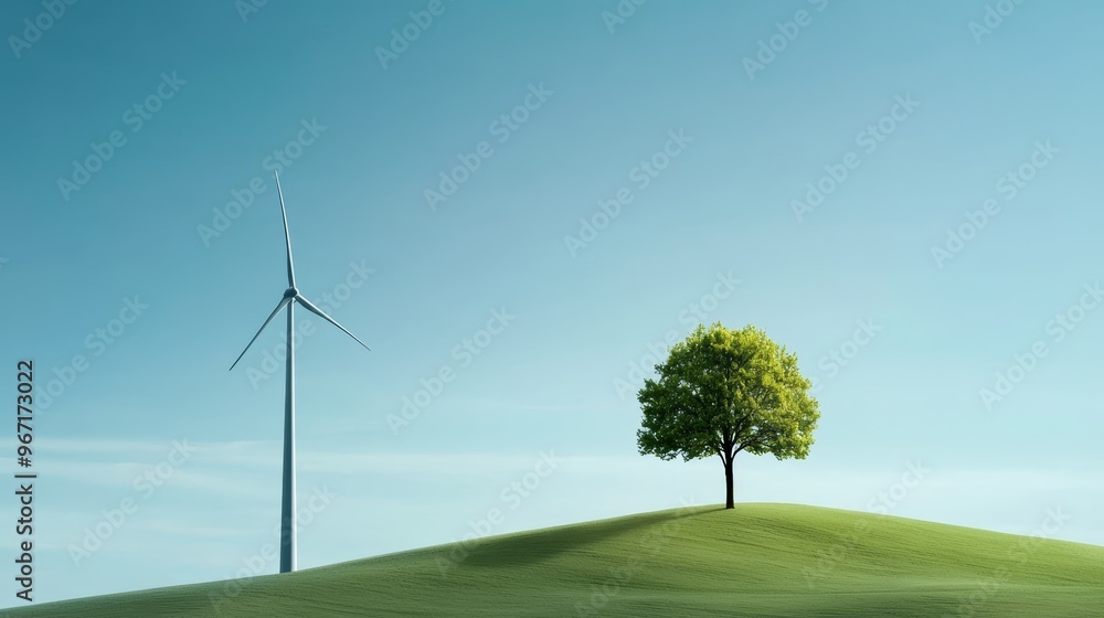 Obraz premium How does the imagery of a tree and wind turbines inside a glass globe symbolize the balance between nature and technology in achieving sustainability,