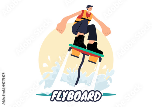 Flyboard Vector Illustration featuring People Riding a Jet Pack during Summer Beach Vacations in a Flat Style Extreme Water Sports Cartoon Background