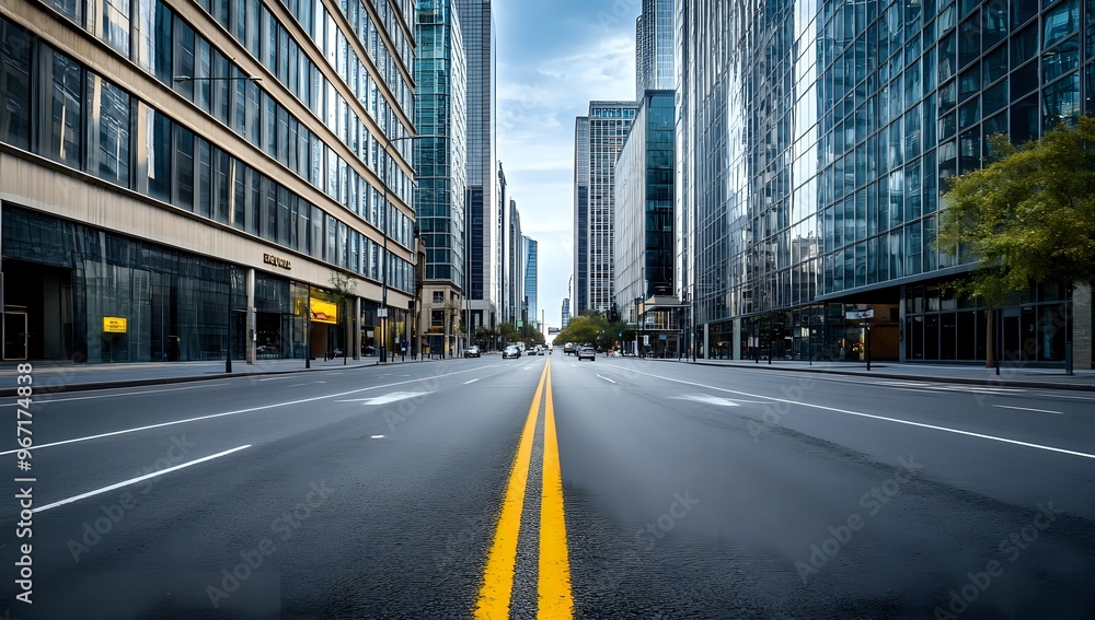 Empty city street lined with tall buildings and yellow lines in the middle. Empty city street lined with tall buildings and yellow lines in the middle.