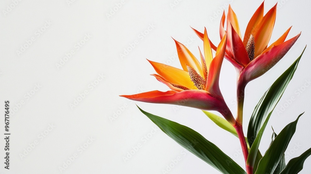 Orange and Red Bird of Paradise Flower with Green Leaves Orange and Red Bird of Paradise Flower with Green Leaves