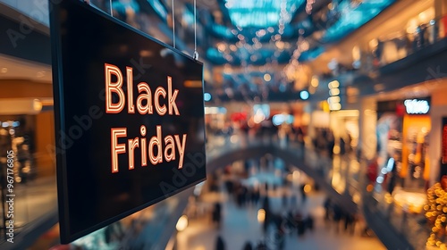 Black friday on a tag against the background of a shopping mall hyper mall on the day of sales and promotions photo