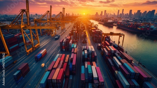 Container Ship Terminal at Sunset with City Skyline