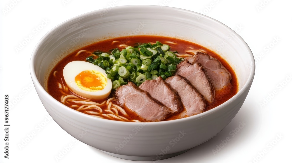 A bowl of ramen featuring noodles, slices of meat, a soft-boiled egg, and green onions in a savory broth. A bowl of ramen featuring noodles, slices of meat, a soft-boiled egg, and green onions in a savory broth.