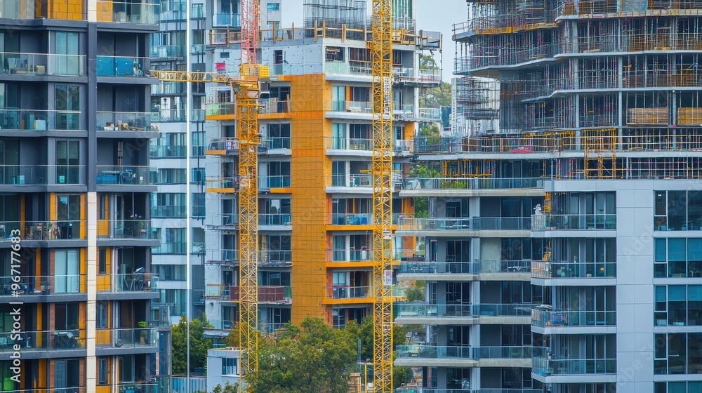 Vibrant Cityscape With High Rise Residential and Commercial Buildings Under Construction Vibrant Cityscape With High Rise Residential and Commercial Buildings Under Construction