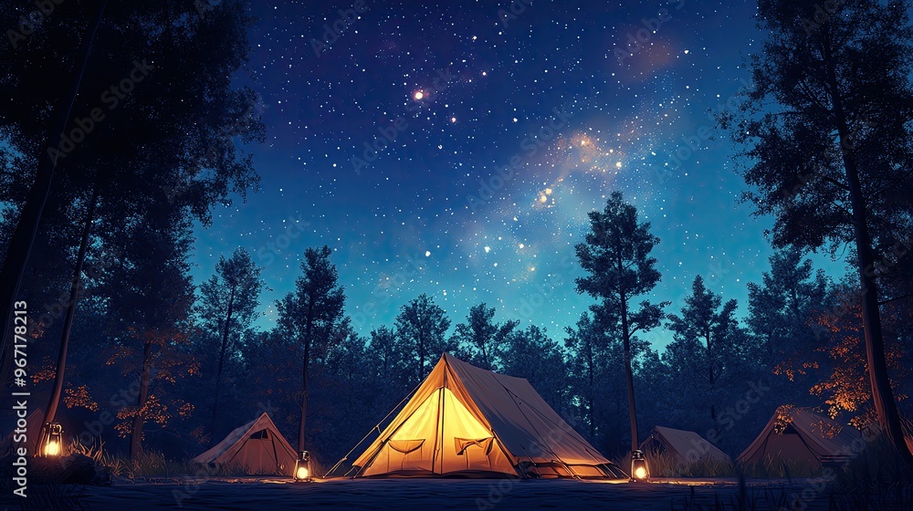 A serene camping scene under a starlit sky, featuring glowing tents and a tranquil forest ambiance. A serene camping scene under a starlit sky, featuring glowing tents and a tranquil forest ambiance.