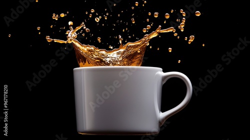 Splashing Coffee in a White Cup on Black Background