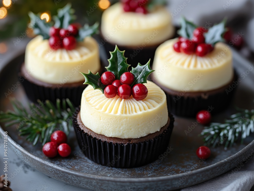 Mini Christmas cheesecakes topped with edible holly leaves and berries, arranged on a festive serving tray Mini Christmas cheesecakes topped with edible holly leaves and berries, arranged on a festive serving tray
