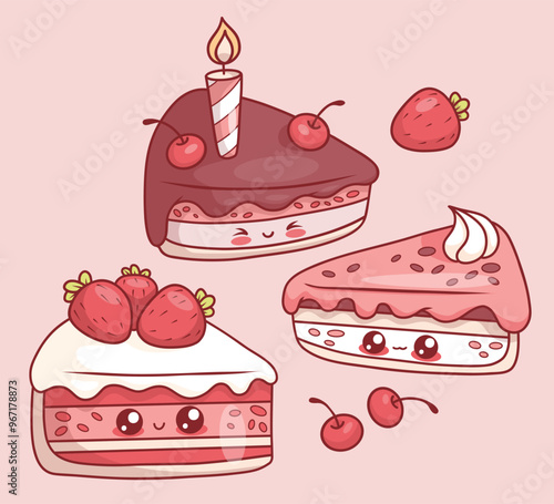 Cute piece of birthday cake. Sweet kawaii cartoon character food. Isolated dessert baked with icing and strawberries and with cherries and festive candle. Vector illustration