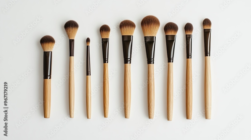 Eco-friendly wooden makeup brushes elegantly arranged in a minimalist composition on a white background, perfect for a natural beauty theme Eco-friendly wooden makeup brushes elegantly arranged in a minimalist composition on a white background, perfect for a natural beauty theme