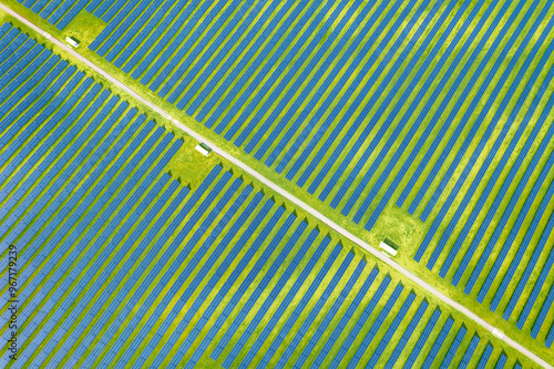 Aerial view of a large solar power plant in a green agricultural field with solar panels lined up to produce electricity from renewable green energy. Agrivoltaics concept for alternative energy 