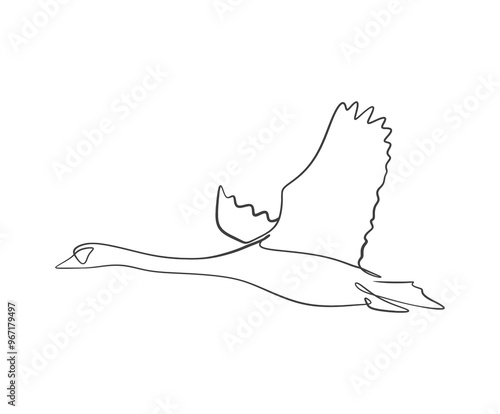 Simple black line drawing of a swan in flight, emphasizing elegance and grace in a minimalist style on a white background.