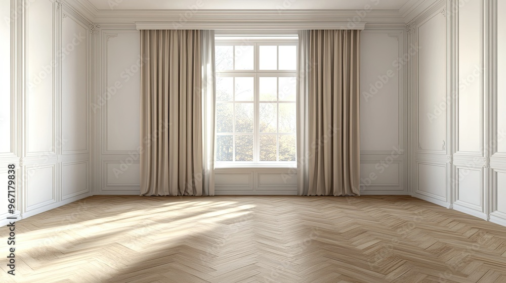 Elegant, empty room in 3D, with parquet flooring, a white wall, a wide window with white vitrage, and three beige curtains softly framing the window Elegant, empty room in 3D, with parquet flooring, a white wall, a wide window with white vitrage, and three beige curtains softly framing the window