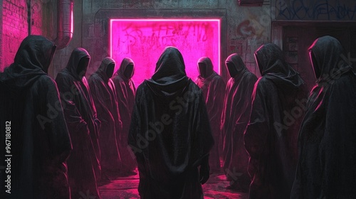 Hooded Figures in a Neon-Lit Alleyway