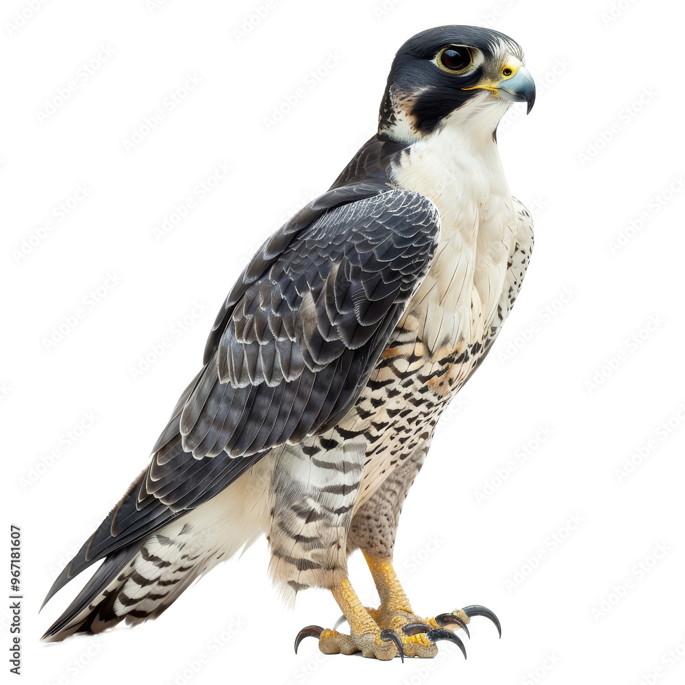 A peregrine falcon stands majestically with its striking feathers and sharp talons, showcasing its keen hunting prowess A peregrine falcon stands majestically with its striking feathers and sharp talons, showcasing its keen hunting prowess