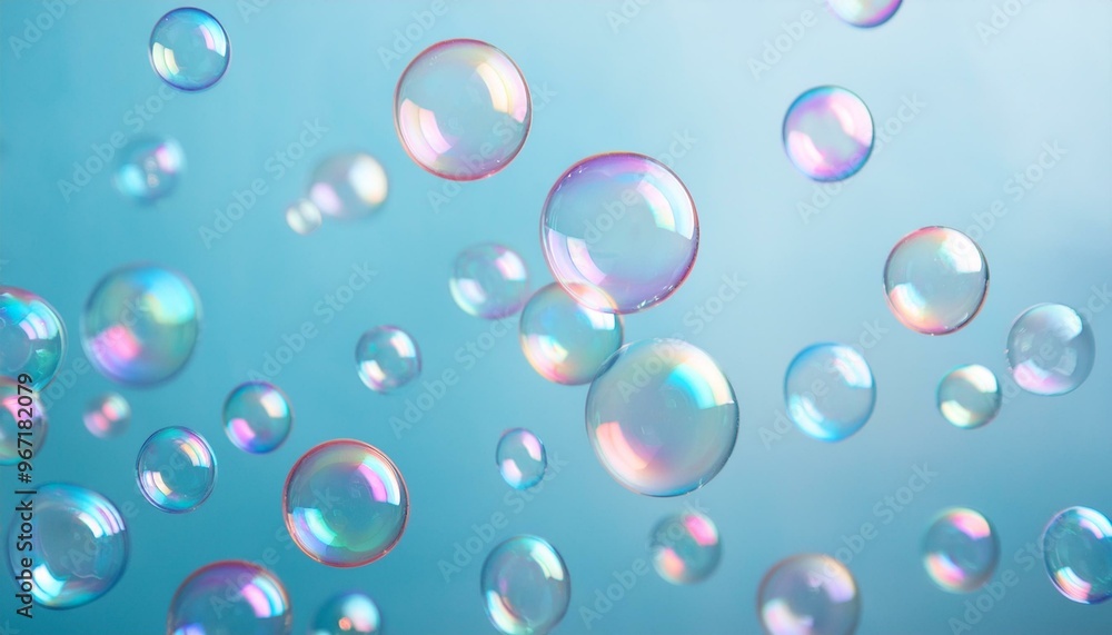 Obraz premium シャボン玉が飛ぶ 青色背景