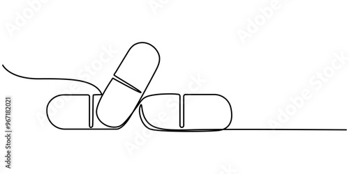 One continuous line drawing of medicine set with pills. Pharmaceutical components and capsules in container with drugs symbols in simple linear style vector illustration. Premium vector, Single line