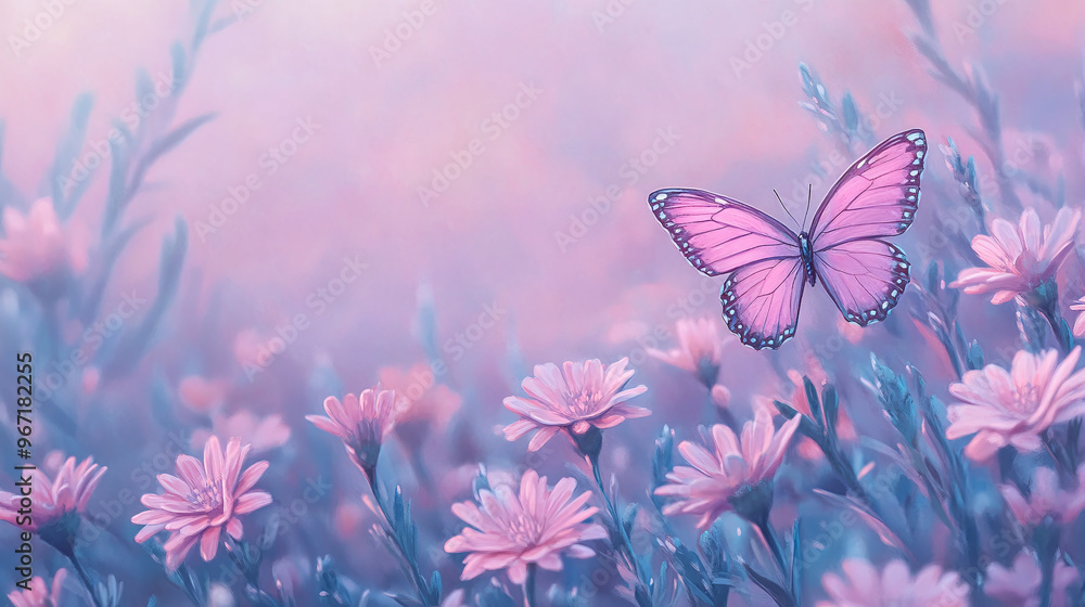 Pink Butterfly in a Field of Delicate Flowers, Anime Style Pink Butterfly in a Field of Delicate Flowers, Anime Style