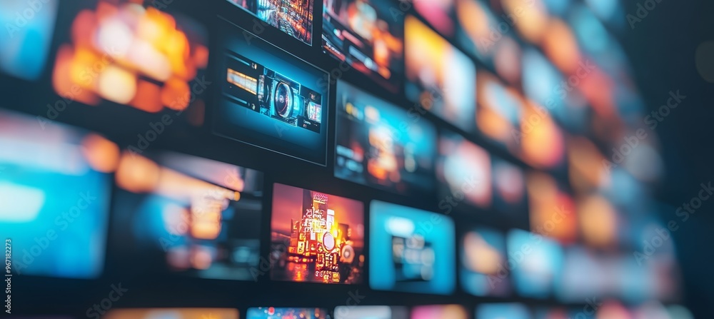 Blurred Wall of Digital Screens Displaying Vibrant Images and Videos, Abstract Technology Background Blurred Wall of Digital Screens Displaying Vibrant Images and Videos, Abstract Technology Background