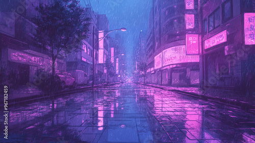 Rainy Night Cityscape with Neon Lights, Anime Style