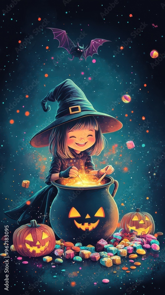 A joyful witch mixes a potion in her bubbling cauldron, surrounded by glowing pumpkins and a sprinkle of Halloween treats under glittering stars A joyful witch mixes a potion in her bubbling cauldron, surrounded by glowing pumpkins and a sprinkle of Halloween treats under glittering stars