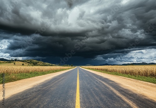 A long empty road stretches through a field of dry grass, under a looming dark and stormy sky.