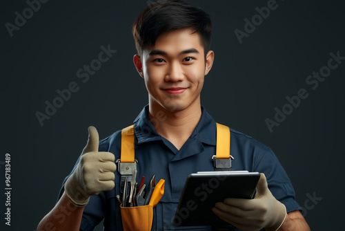 Asian Male Service Technician with Thumbs Up and Tools in Uniform