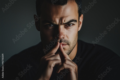 Serious Man in Deep Thought with Hands Tensed at Lips