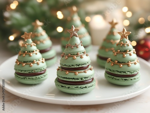 Macarons arranged in a tree shape with festive holiday decorations