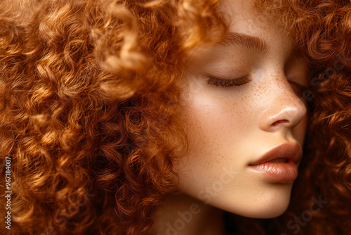 Close-up of Freckled Woman with Glowing Red Curly Hair in Soft Focus