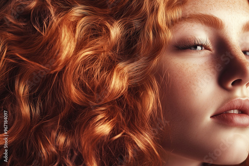Close-up of a woman with luscious red curly hair and freckles