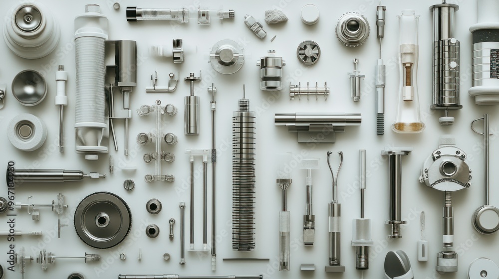 Assorted Chrome and White Metal Components on White Background Assorted Chrome and White Metal Components on White Background