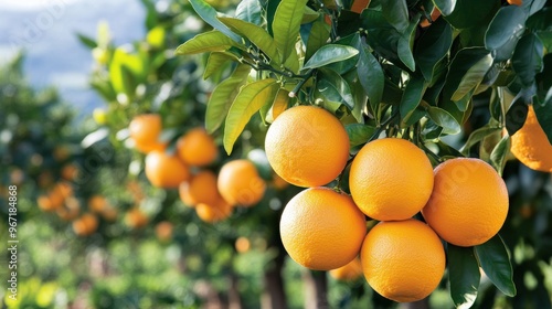 A grove of orange trees (Citrus sinensis) laden with bright, market-ready oranges