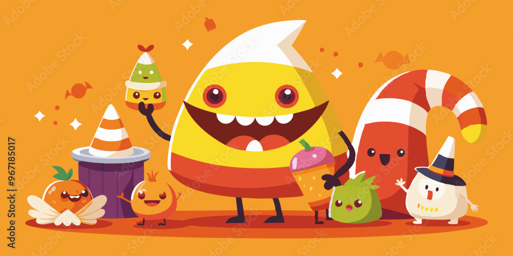 Naklejka premium Candy Corn Vector with Festive Characters Sharing Treats