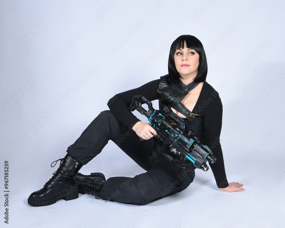 Full length portrait of beautiful black female model, black hair wearing sci fi futuristic dystopian leather bodysuit costume. sitting pose, holding gun weapon, isolated white studio background. Full length portrait of beautiful black female model, black hair wearing sci fi futuristic dystopian leather bodysuit costume. sitting pose, holding gun weapon, isolated white studio background.