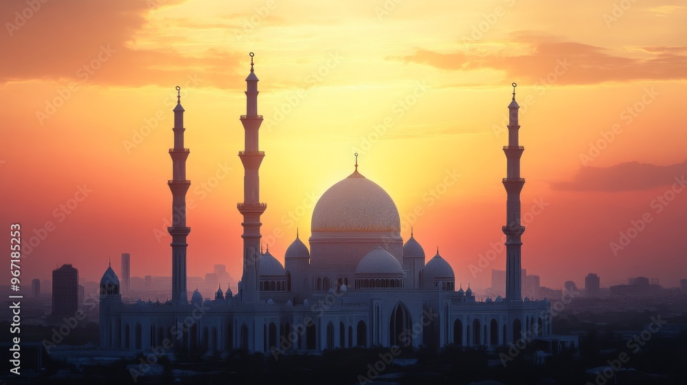 Obraz premium A grand mosque with intricate Islamic architecture, including minarets and domes, against a sunset.