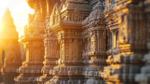 A grand Jain temple with detailed stone carvings and intricate architecture, with golden light at sunset. photo