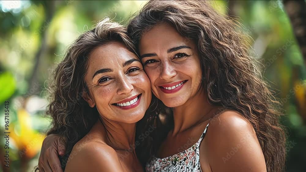 Happy mother and woman in a garden on mothers day with love and gratitude. Smile, family and an adult daughter hugging a senior Happy mother and woman in a garden on mothers day with love and gratitude. Smile, family and an adult daughter hugging a senior