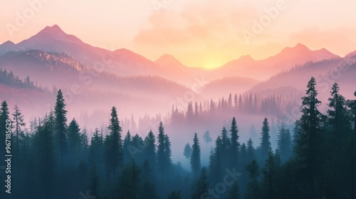 Misty mountains and forests at sunrise 