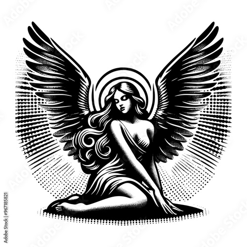 woman archangel in black and white style