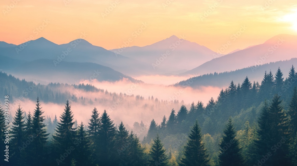 Obraz premium Misty mountains and forests at sunrise .
